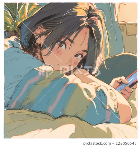 A woman absorbed in her smartphone in a bright room Natural life Private morning Information gathering 128050545