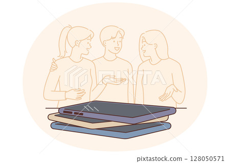 Happy people chatting by putting phones aside attending quiz party with questions Happy people chatting by putting phones aside attending quiz party with questions 128050571