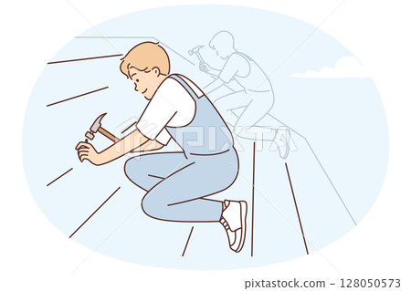 Male worker is repairing roof of residential building by nailing tiles with hammer to avoid leaks Male worker is repairing roof of residential building by nailing tiles with hammer to avoid leaks 128050573