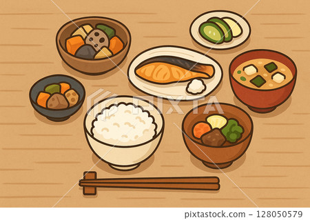 Hand-drawn illustration of a dining table with Japanese breakfast 128050579