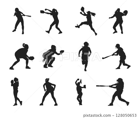 Softball player silhouettes, Softball silhouettes 128050653
