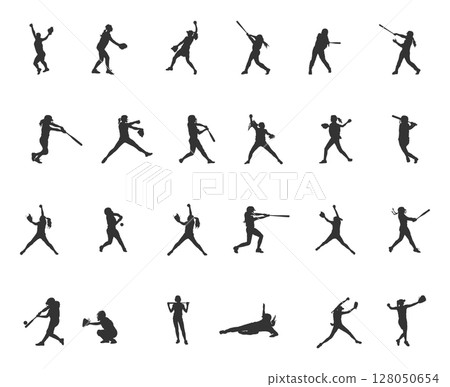 Softball player silhouettes, Softball silhouette, Softball player SVG, Softball player vector -V02 128050654