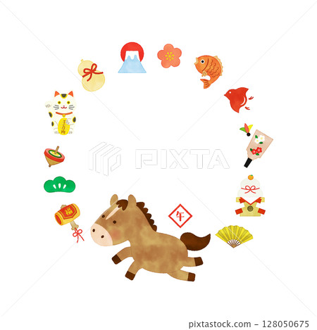 Watercolor style 2026 Year of the Horse lucky charm circular frame illustration 128050675