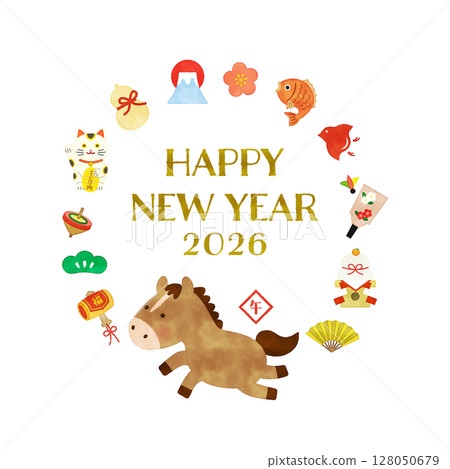 Watercolor style 2026 Year of the Horse lucky circular frame illustration HAPPY NEW YEAR 128050679