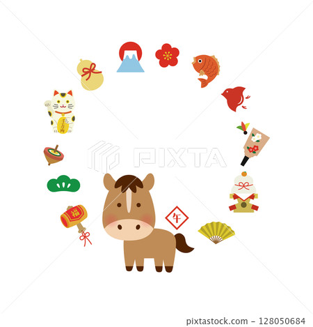 2026 Year of the Horse Auspicious circular frame illustration 128050684