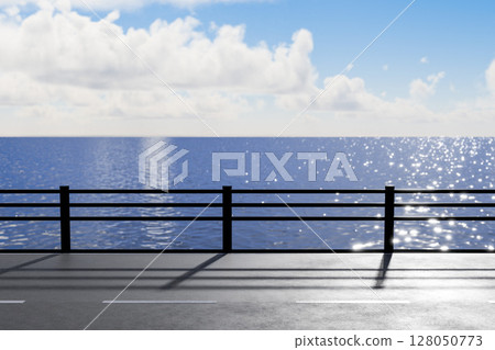 A seaside road with glittering guardrails A seaside road with glittering guardrails 128050773
