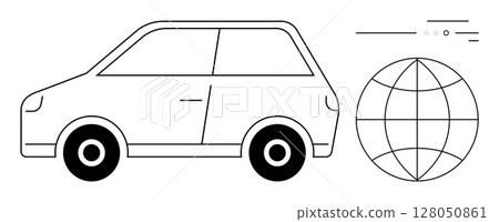 Compact car outline next to globe with connection lines. Ideal for technology, global business, travel, transportation, environmental impact, logistics, and futuristic design. Line metaphor 128050861