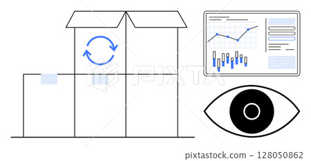 Stacked shipping boxes with a refresh symbol, analytics data on graph, and eye icon. Ideal for logistics, supply chain management, inventory tracking, data analysis, shipping processes, business Stacked shipping boxes with a refresh symbol, analytics data on graph, and eye icon. Ideal for logistics, supply chain management, inventory tracking, data analysis, shipping processes, business 128050862