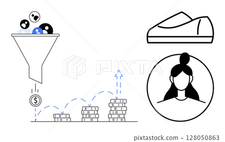Conversion funnel processing users into financial gains, bar graph with growing profit stacks, profile picture, and shoe icon. Ideal for marketing strategies, sales growth, customer success, product Conversion funnel processing users into financial gains, bar graph with growing profit stacks, profile picture, and shoe icon. Ideal for marketing strategies, sales growth, customer success, product 128050863