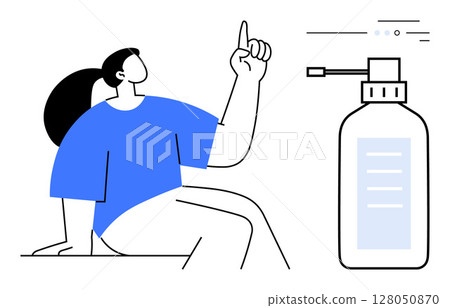 Person raising finger next to a sanitizer bottle. Ideal for hygiene, cleanliness, health care, COVID-19 awareness, public health education, safety, preventative measures. Line metaphor Person raising finger next to a sanitizer bottle. Ideal for hygiene, cleanliness, health care, COVID-19 awareness, public health education, safety, preventative measures. Line metaphor 128050870