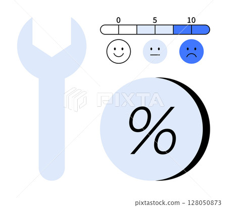 Survey satisfaction meter with happy, neutral, and sad emoticons, adjacent to a large wrench and percentage symbol. Ideal for business improvement, feedback, customer service, tool maintenance Survey satisfaction meter with happy, neutral, and sad emoticons, adjacent to a large wrench and percentage symbol. Ideal for business improvement, feedback, customer service, tool maintenance 128050873