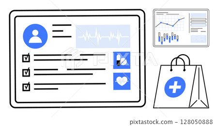 Digital health records with personal info and checklists, medical data analytics on a screen, and healthcare shopping bag. Ideal for medical apps, telehealth, pharmacy services, health monitoring Digital health records with personal info and checklists, medical data analytics on a screen, and healthcare shopping bag. Ideal for medical apps, telehealth, pharmacy services, health monitoring 128050888