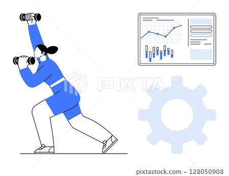 Female athlete lifting dumbbells, a data chart with graphs and metrics, and a gear icon. Ideal for fitness tracking, health monitoring, data analytics, exercise improvement, performance benchmarking 128050908