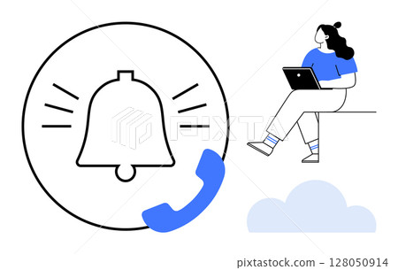 Bell icon symbolizing notifications, phone call icon, woman sitting with laptop, and a cloud. Ideal for digital communication, work-from-home concepts, reminders, updates, technology, user Bell icon symbolizing notifications, phone call icon, woman sitting with laptop, and a cloud. Ideal for digital communication, work-from-home concepts, reminders, updates, technology, user 128050914