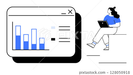 Woman sitting with laptop reviewing bar chart data displayed in a computer window. Ideal for business analysis, data management, productivity, remote work, technology, education, presentations. Line 128050918