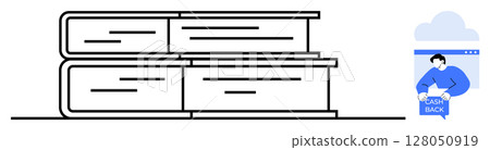 Stack of books next to a person grabbing cashback from a computer screen. Ideal for education, online learning, finance, digital transactions, and minimalistic art enthusiasts. Line art style 128050919