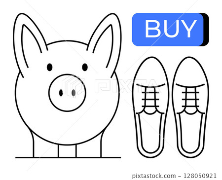 Piggy bank beside stylish shoes and a BUY button. Ideal for finance, e-commerce, savings, online shopping, budgeting, footwear industry, digital marketing themes. Line metaphor 128050921