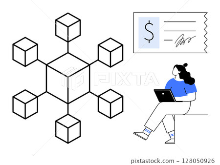 Woman using laptop beside blockchain network diagram, digital payment receipt above. Ideal for tech, finance, digital currency, online learning, remote work, blockchain education, and digital 128050926