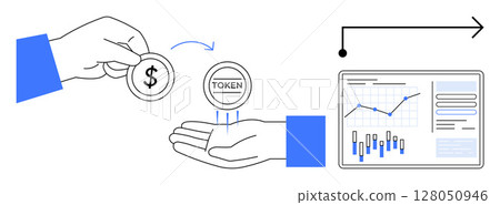 Hand holding coin and exchanging for token near a screen with financial graphs and data charts, arrow pointing forward. Ideal for finance, cryptocurrency, investment, trading, economy, blockchain 128050946