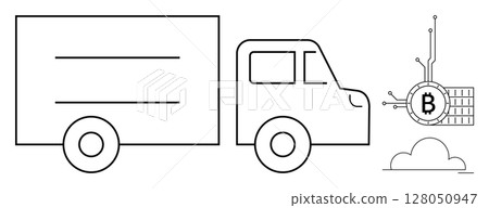 Black and white image of a cargo truck next to a Bitcoin symbol connected to circuit lines and a cloud. Ideal for blockchain technology, cryptocurrency, logistics, digital finance, futuristic 128050947