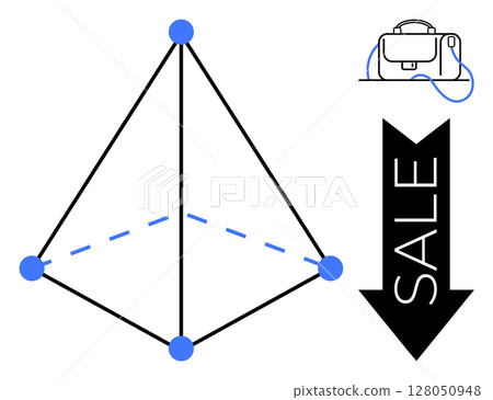 Geometric pyramid diagram with blue dots and lines. Black arrow with SALE text pointing downward, handbag icon in the top right corner. Ideal for business, commerce, education, marketing, sales 128050948