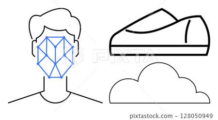 Geometric overlay on human face, casual shoe profile, and cloud diagram. Ideal for technology, biometric security, AI development, machine learning, fashion design, footwear innovation, and cloud 128050949