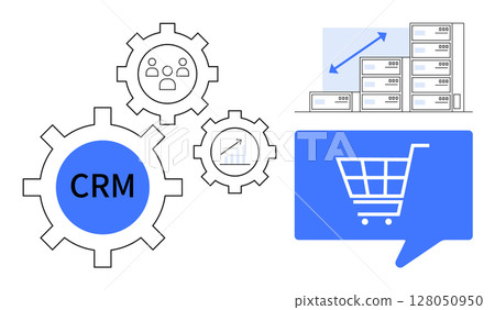 Gears labeled CRM, bar chart, servers, shopping cart icon in dialog bubble represent CRM integration with eCommerce. Ideal for business strategies, data management, online shopping, IT solutions Gears labeled CRM, bar chart, servers, shopping cart icon in dialog bubble represent CRM integration with eCommerce. Ideal for business strategies, data management, online shopping, IT solutions 128050950