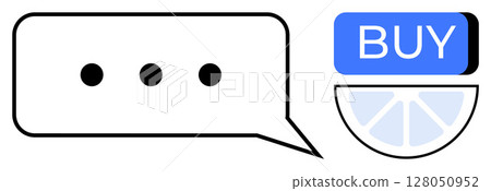 Chat bubble with ellipsis next to a blue BUY button and a semi-circular graph. Ideal for communication, e-commerce, sales, customer support, online shopping, digital marketing, business. Line Chat bubble with ellipsis next to a blue BUY button and a semi-circular graph. Ideal for communication, e-commerce, sales, customer support, online shopping, digital marketing, business. Line 128050952