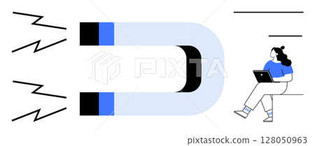 Large magnet attracting a person with a laptop, emphasizing concepts of influence, recruiting, attraction, engagement, connection, marketing, and audience retention. Ideal for business, technology Large magnet attracting a person with a laptop, emphasizing concepts of influence, recruiting, attraction, engagement, connection, marketing, and audience retention. Ideal for business, technology 128050963