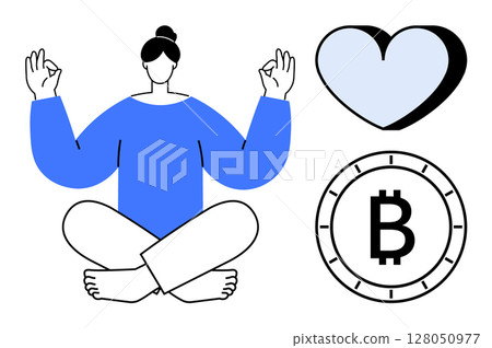 Seated person meditating with eyes closed, wearing blue outfit. Beside them, a heart shape symbolizes love and a Bitcoin icon represents cryptocurrency. Ideal for wellness, meditation, digital Seated person meditating with eyes closed, wearing blue outfit. Beside them, a heart shape symbolizes love and a Bitcoin icon represents cryptocurrency. Ideal for wellness, meditation, digital 128050977