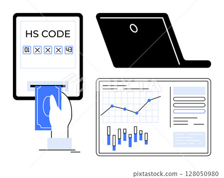 Hand inserting a card into a machine displaying an HS code, closed laptop, and financial graphs and charts on a report. Ideal for e-commerce, banking, technology, finance, trade, data analysis 128050980