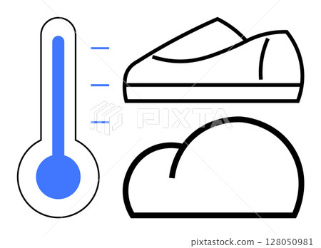 Thermometer showing cold temperature, a shoe, and a cloud. Ideal for weather forecasts, outdoor activities, fashion, climate studies, app icons, infographics, and educational materials. Line metaphor Thermometer showing cold temperature, a shoe, and a cloud. Ideal for weather forecasts, outdoor activities, fashion, climate studies, app icons, infographics, and educational materials. Line metaphor 128050981
