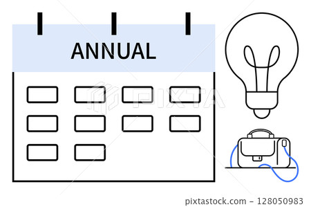 Annual calendar with monthly layout, light bulb icon, and briefcase. Ideal for business planning, idea generation, project management, productivity, organizational strategies, time management 128050983