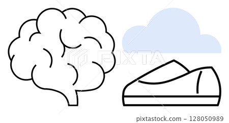 Brain outlined symbol beside a light blue cloud and a stylized shoe. Ideal for health, education, fitness, technology, environment, relaxation, and lifestyle themes. Line metaphor Brain outlined symbol beside a light blue cloud and a stylized shoe. Ideal for health, education, fitness, technology, environment, relaxation, and lifestyle themes. Line metaphor 128050989