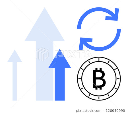 Bitcoin symbol, three ascending arrows indicating growth, and two circular arrows representing exchange. Ideal for cryptocurrency trends, investment strategies, financial growth, market analysis Bitcoin symbol, three ascending arrows indicating growth, and two circular arrows representing exchange. Ideal for cryptocurrency trends, investment strategies, financial growth, market analysis 128050990