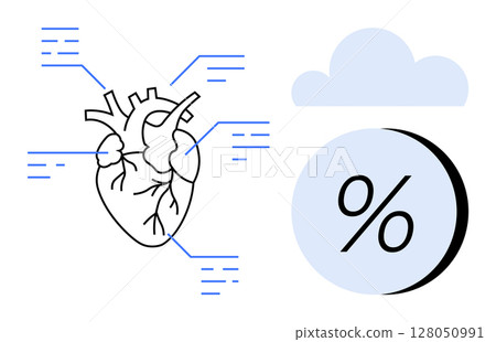 Anatomical heart with connected data points, cloudy percentage symbol alongside. Ideal for medical presentations, health data, infographics, education, research, cardiovascular studies, technology Anatomical heart with connected data points, cloudy percentage symbol alongside. Ideal for medical presentations, health data, infographics, education, research, cardiovascular studies, technology 128050991