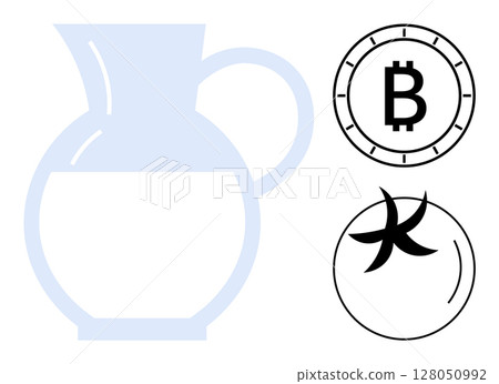 Transparent pitcher and two symbols representing cryptocurrency and a culinary seal. Ideal for fintech integration, culinary branding, digital marketing, minimalist design, modern art, tech-infused 128050992