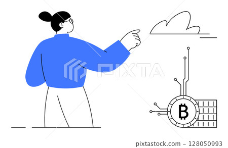 Person pointing toward a cloud, with a Bitcoin symbol beside them. Ideal for cryptocurrency, digital finance, online transactions, blockchain technology, cloud computing. Minimalist vector art Person pointing toward a cloud, with a Bitcoin symbol beside them. Ideal for cryptocurrency, digital finance, online transactions, blockchain technology, cloud computing. Minimalist vector art 128050993