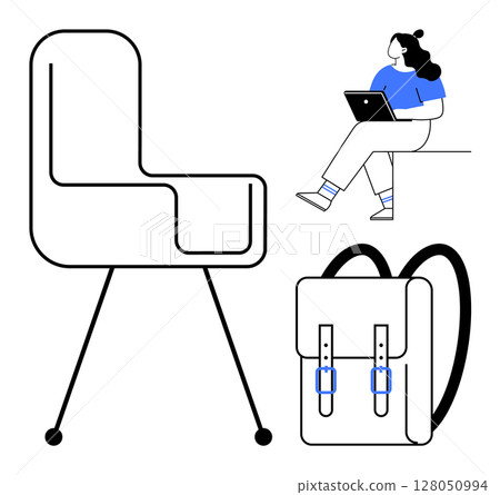 Elegant chair, detailed backpack, and student with laptop. Ideal for education, e-learning, remote work, office settings, primary and secondary education, ergonomic studies, modern lifestyle. Line Elegant chair, detailed backpack, and student with laptop. Ideal for education, e-learning, remote work, office settings, primary and secondary education, ergonomic studies, modern lifestyle. Line 128050994