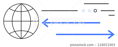 Globe intersected with lines, two blue arrows pointing right, various lines and circles. Ideal for technology, communication, global trade, internet, data transfer, worldwide networking Globe intersected with lines, two blue arrows pointing right, various lines and circles. Ideal for technology, communication, global trade, internet, data transfer, worldwide networking 128051003