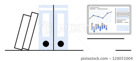 Two office folders and a third tilted. Adjacent analytics screen with graphs and charts. Ideal for business presentations, office manuals, organizational tools, report designs, productivity Two office folders and a third tilted. Adjacent analytics screen with graphs and charts. Ideal for business presentations, office manuals, organizational tools, report designs, productivity 128051004