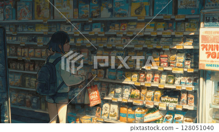 一位女士正在看貨架上的產品，超市，購物，生活方式，暖色 128051040