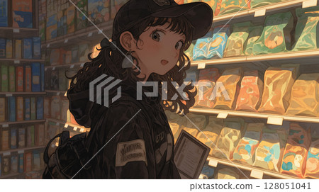 一位女士正在看貨架上的產品，超市，購物，生活方式，暖色 128051041