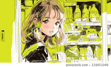 A scene of a woman shopping that brightens up everyday moments: supermarket, plastic bag, shopping basket, fashion, smile 128051046