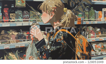 A scene of a woman shopping that brightens up everyday moments: supermarket, plastic bag, shopping basket, fashion, smile 128051049