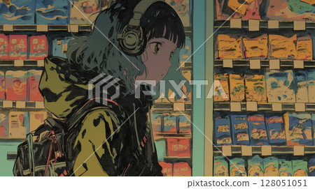 A scene of a woman shopping that brightens up everyday moments: supermarket, plastic bag, shopping basket, fashion, smile 128051051