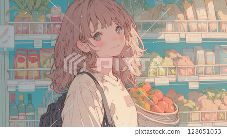 A scene of a woman shopping that brightens up everyday moments: supermarket, plastic bag, shopping basket, fashion, smile 128051053