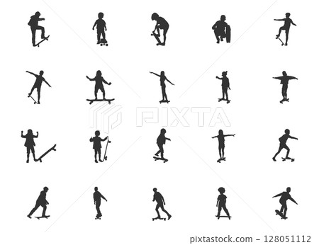 Kids skateboarding silhouette, Skate silhouette, Skateboard silhouettes, Skateboard vector, Child skateboarding silhouettes, Skateboarding bundle set 128051112
