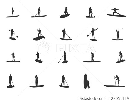 Paddleboarding silhouettes, Woman paddleboard silhouette, Paddleboard silhouette, Standup paddleboarding, Paddleboard svg, Paddleboard vector, Paddle surfers V01 128051119