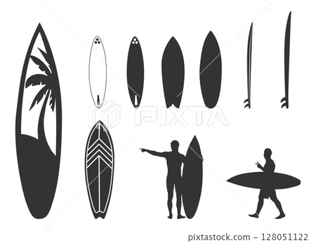Surfboard vector set, Surfing silhouettes, Surfboard silhouettes, Surfing board silhouette, Surfboard svg, Surfboard vector illustration, Surfboard icon V02. 128051122